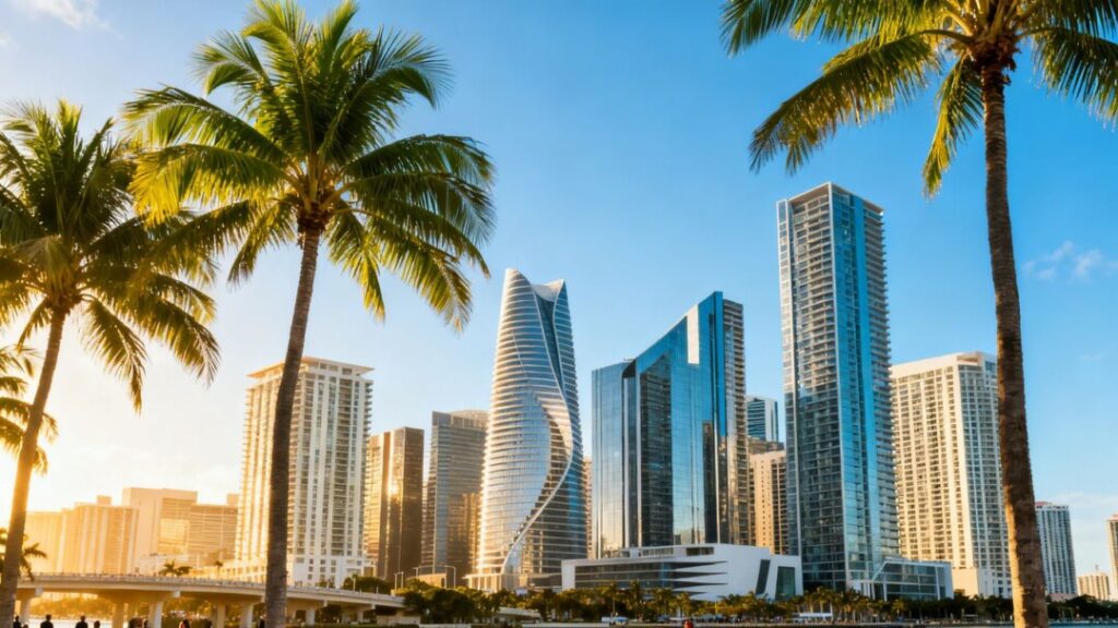 Miami skyline with modern skyscrapers and palm trees.