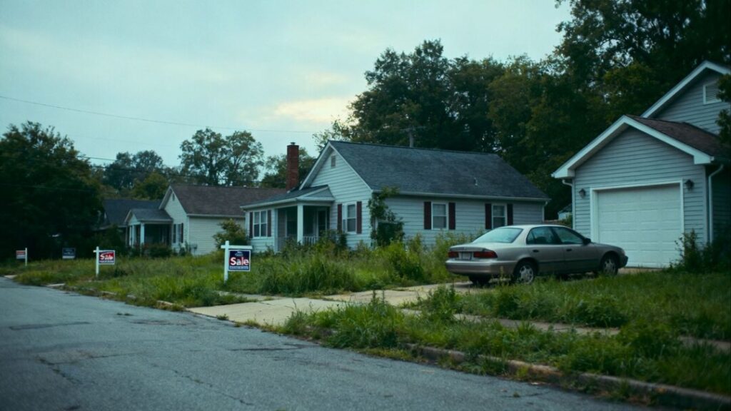 Houses on a street with overcast sky.