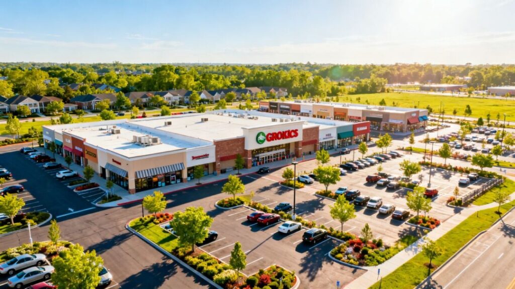 Grocery-anchored retail center with surrounding storefronts and parking.