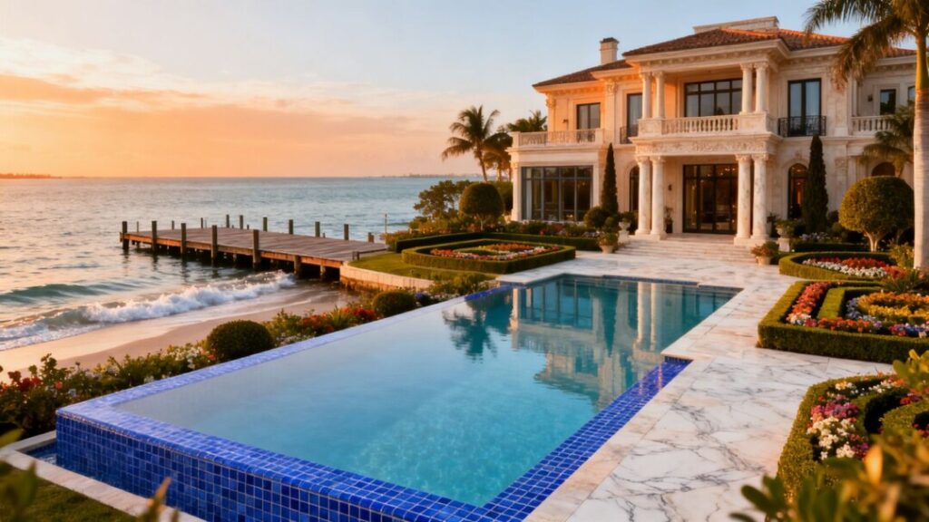 Miami Beach waterfront estate with mansion, pool, and ocean access.