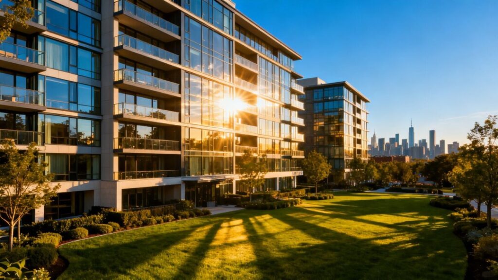 Modern apartment complex with green landscaping under blue sky.