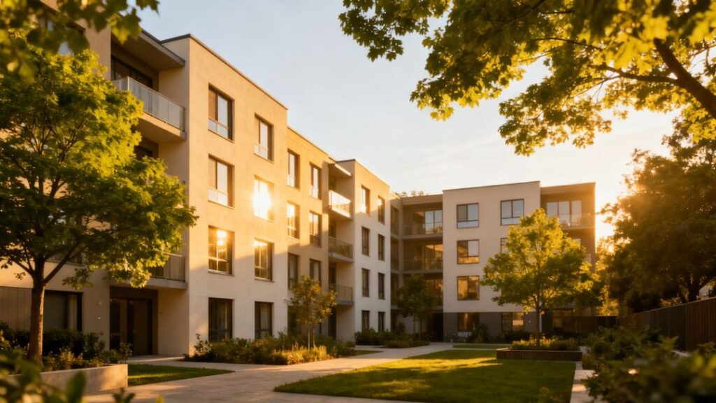 New multi-unit residential building with landscaping.
