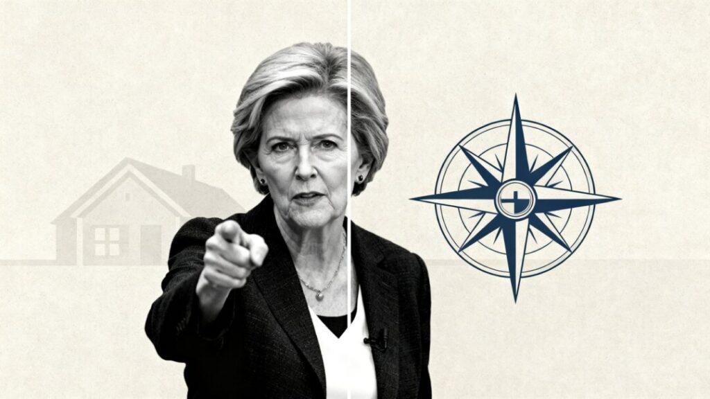 Senator Warren and a compass with a house symbol.