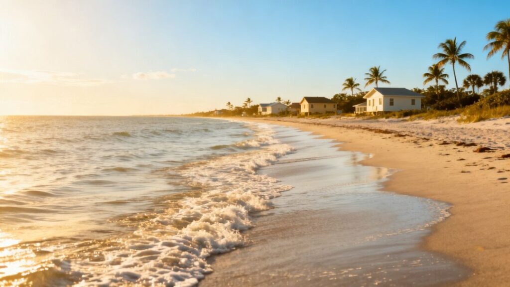 Florida coast with houses and palm trees.