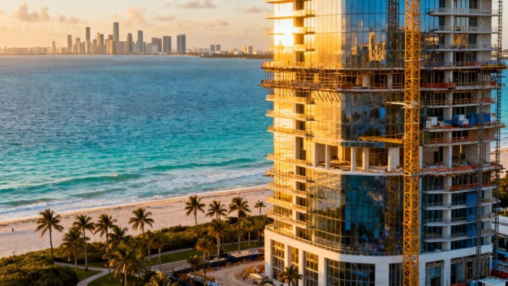 Miami skyline with luxury condo and ocean view.