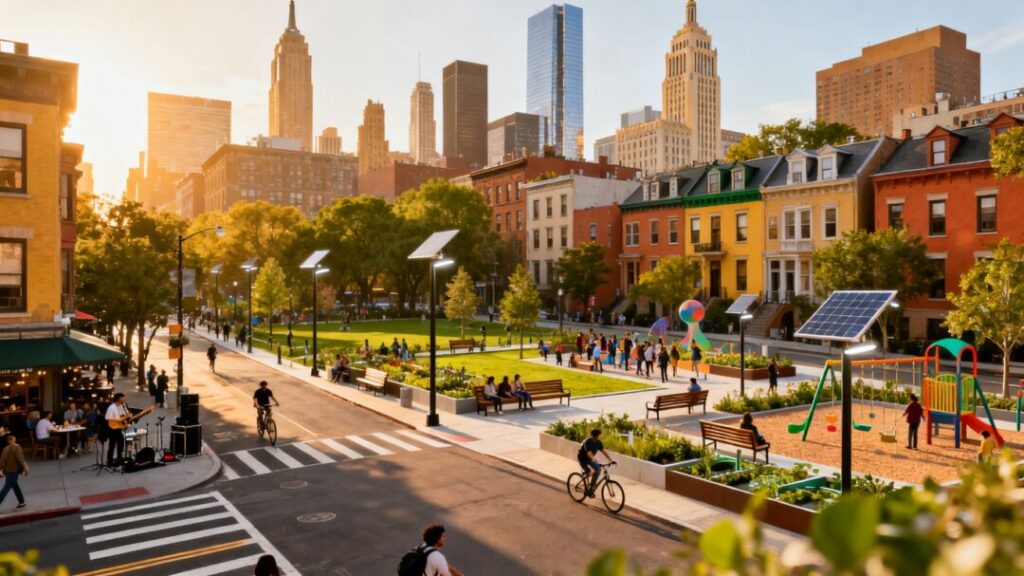 Diverse urban architecture with green spaces and community areas.