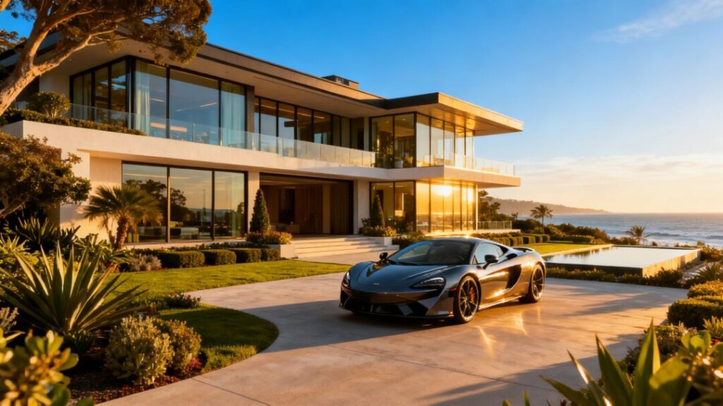 Ultra-luxury mansion with sports car in South Florida.