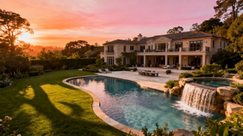 Hillsborough estate with resort-style pool and waterfall.