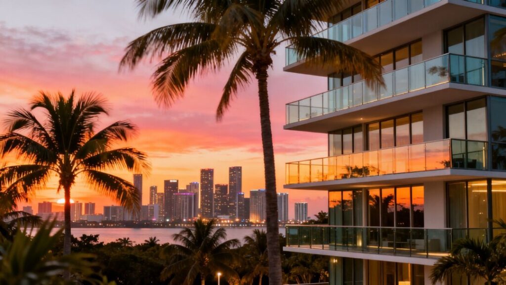 Luxury Miami apartment building skyline at sunset.