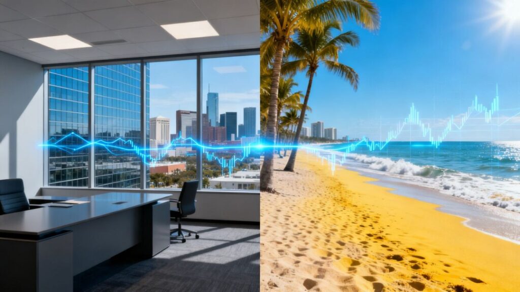 Texas office building and Florida beach connected by a financial graphic.