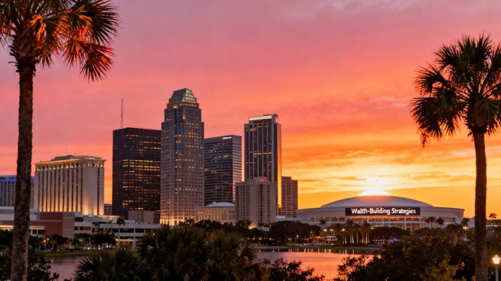 Orlando skyline at sunset with palm trees.