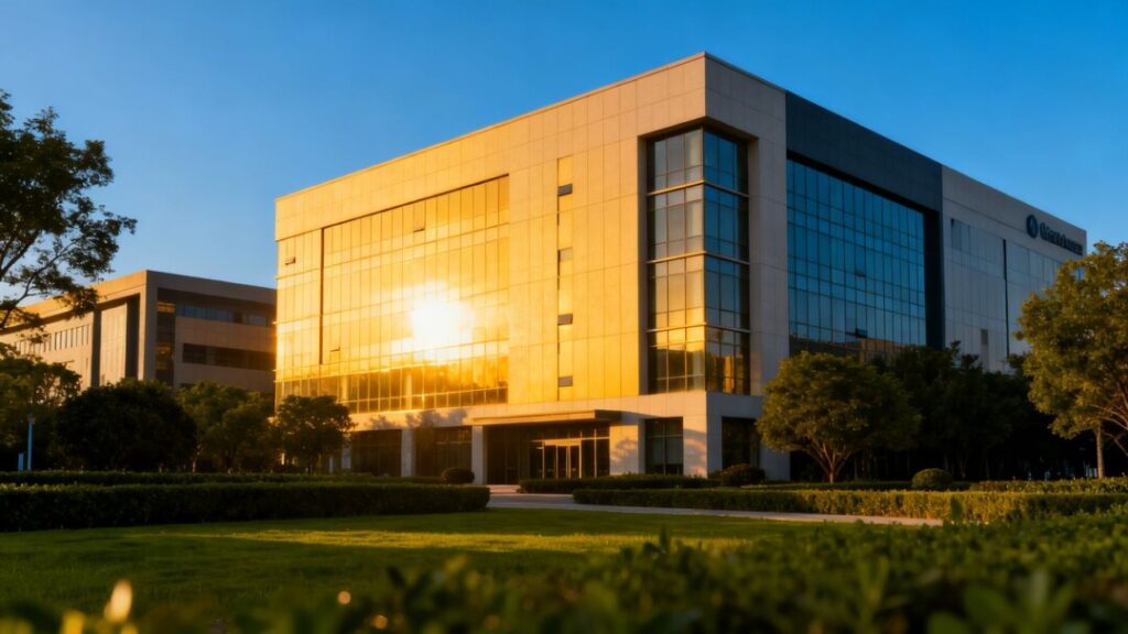 Commercial building with green surroundings under a clear sky.