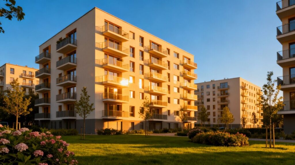 Modern apartment complex with balconies and green spaces.