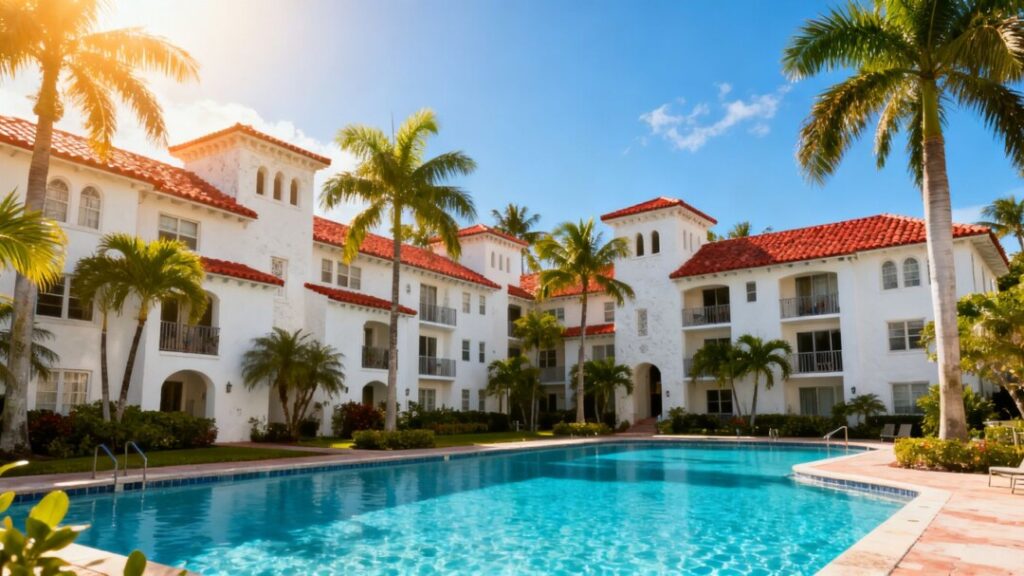 Miami apartment complex with palm trees and pool.