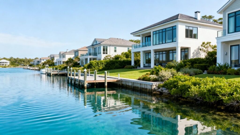 Exclusive waterfront community with modern homes and private docks.