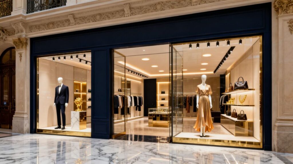 Luxury consignment store exterior with upscale displays.