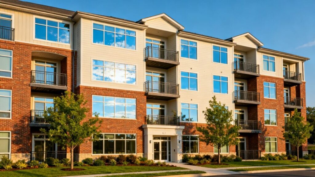 Modern apartment building with balconies and green landscaping.