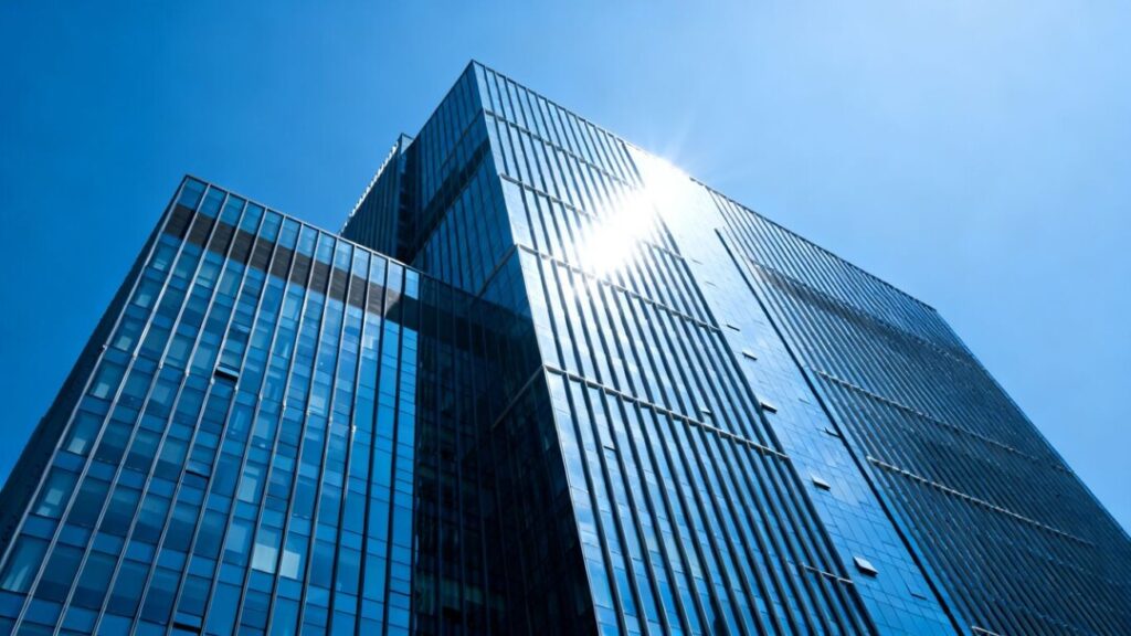Modern corporate headquarters building with glass facade.
