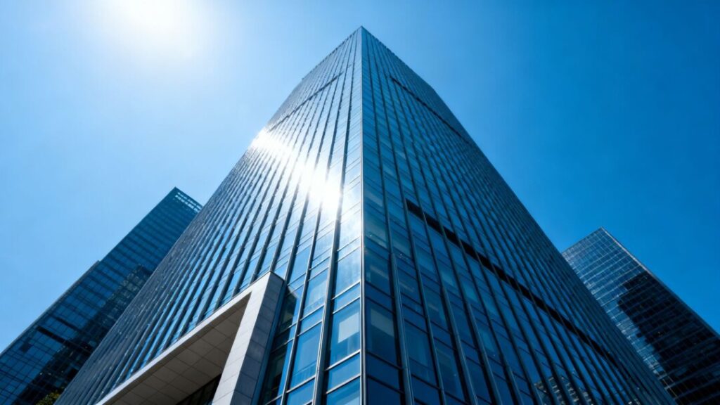 Modern skyscraper with glass facade against blue sky.