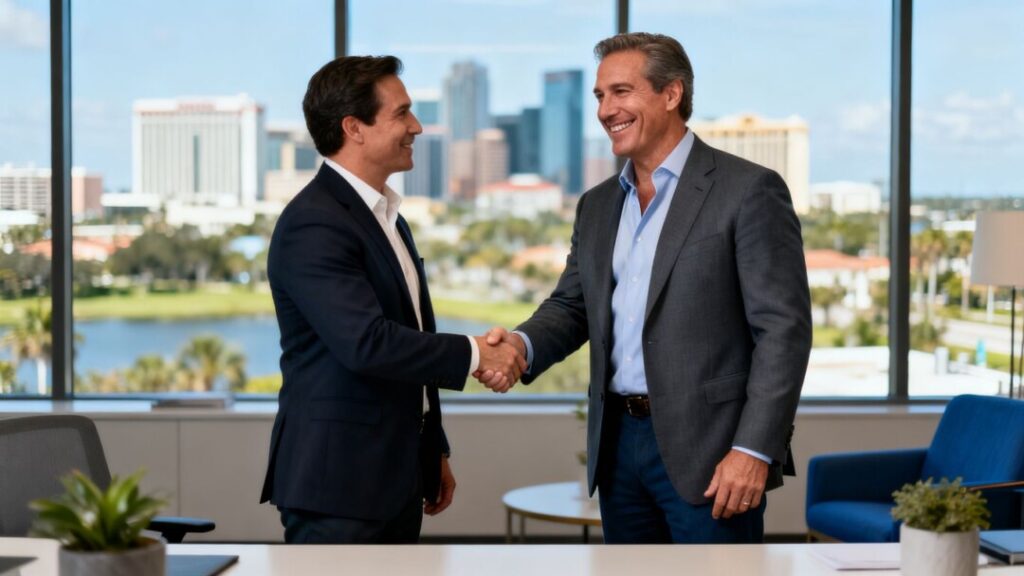 Jim D’Amico in handshake, symbolizing luxury real estate leadership.