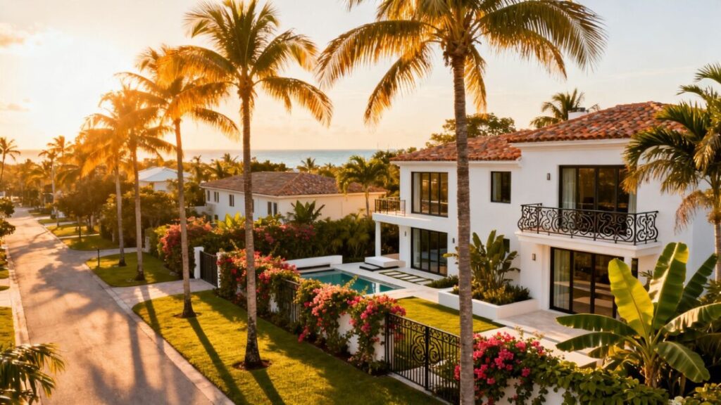 Coconut Grove street with palm trees and luxury homes.