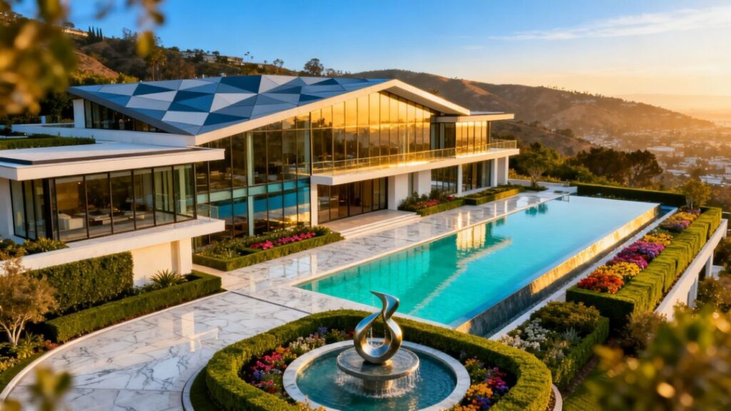 Luxury mansion with pool and green landscaping.