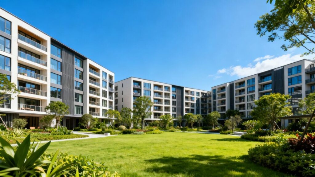 Apartment complex with green landscaping and modern architecture.