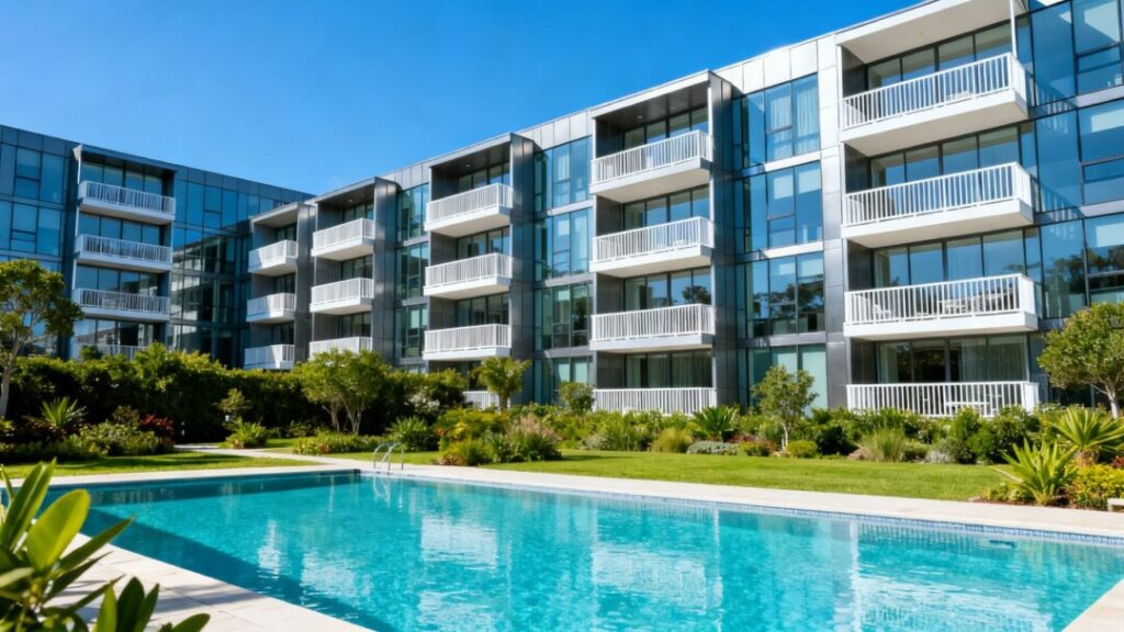 Lake Worth apartment complex exterior with pool and landscaping.