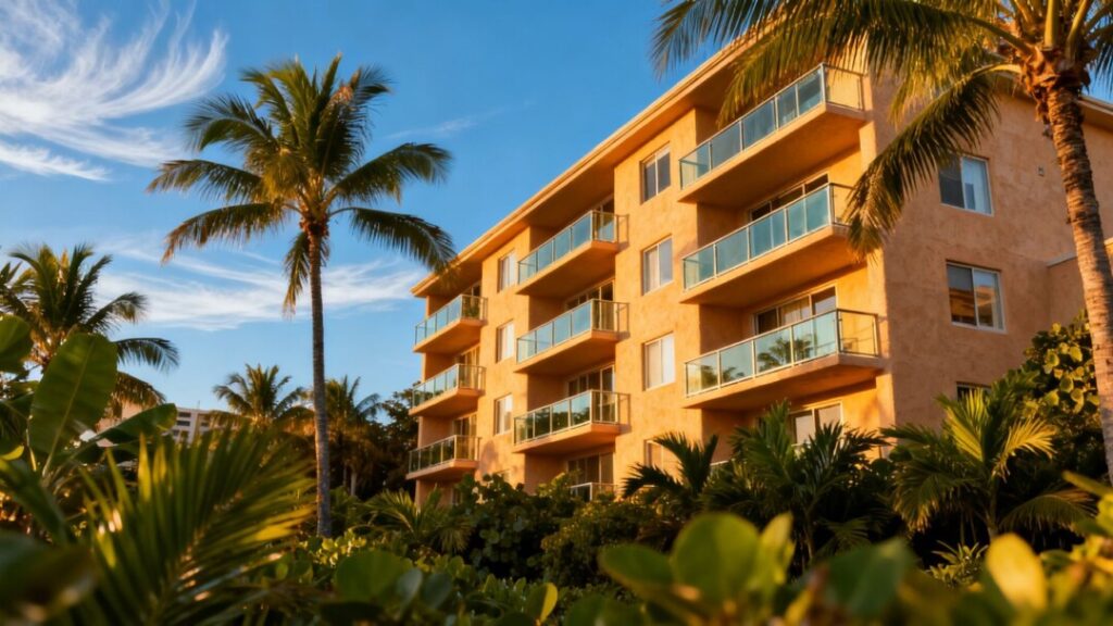 Miami Beach apartment building with palm trees.