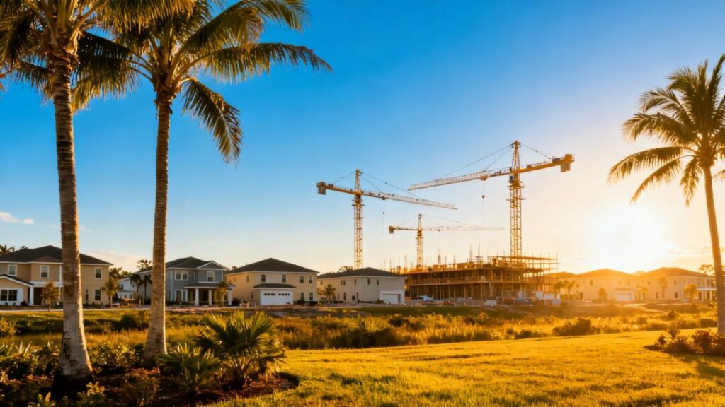 Florida housing development with cranes and palm trees.