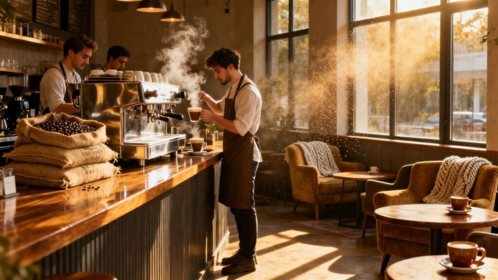 Interior of a cozy coffee shop with espresso machines and seating.
