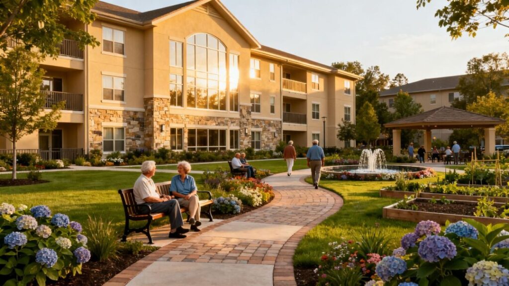 Senior living community exterior with landscaping and buildings.
