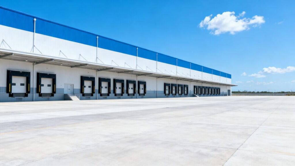 Miami-Dade warehouse building with blue sky.
