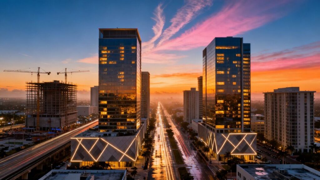 West Palm Beach skyline at sunrise, commercial buildings.