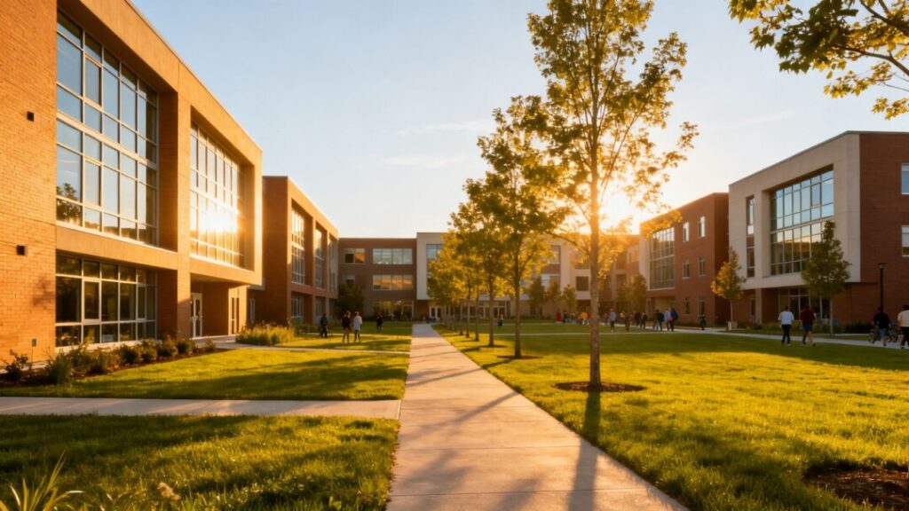 Modern student housing complex with landscaping.