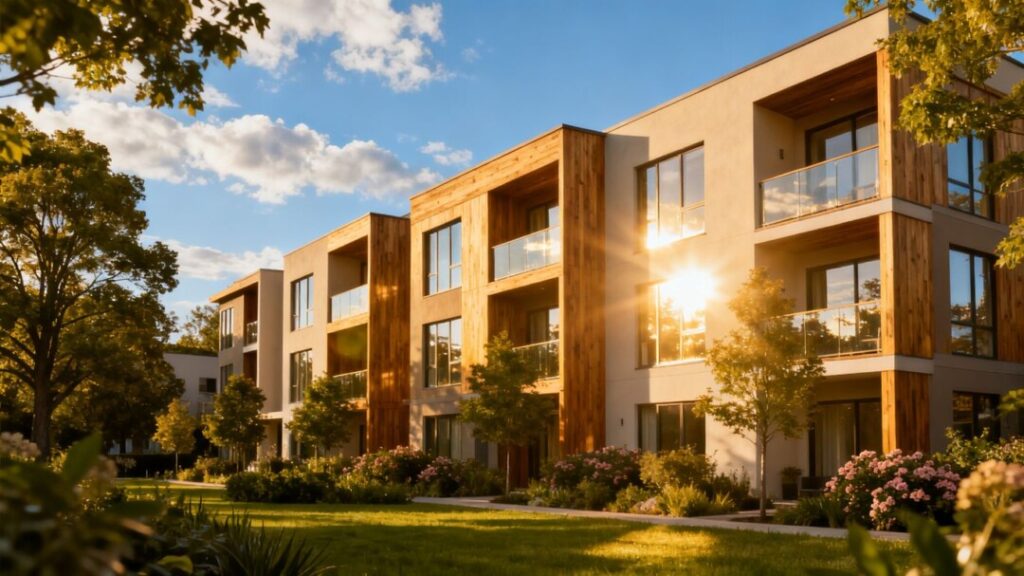 Modern apartment complex with green landscaping under blue sky.