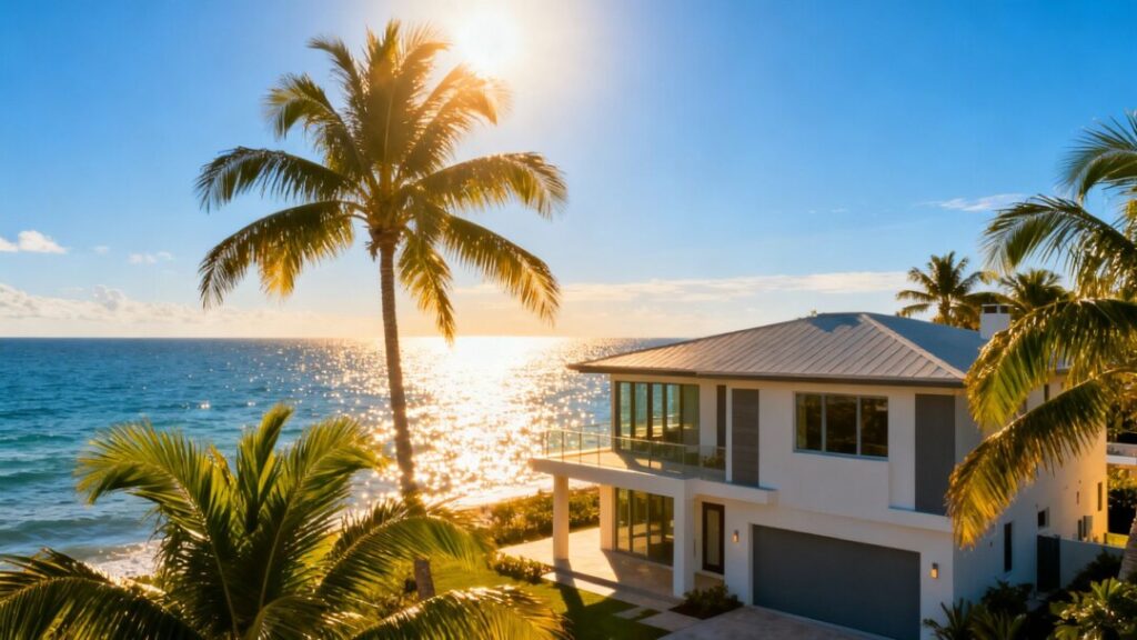 Florida coastline with a modern house and palm trees.