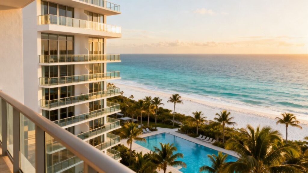 Luxury oceanfront condominium tower with balconies and pool.