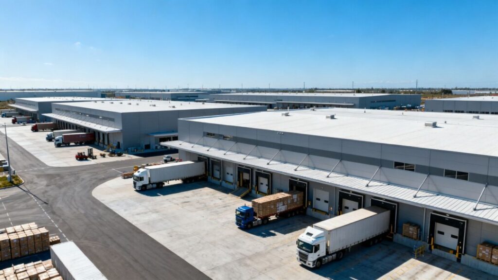 Modern industrial warehouses with trucks at loading docks.