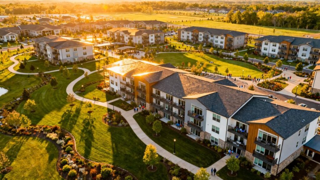 Aerial view of a large senior living community with green spaces.