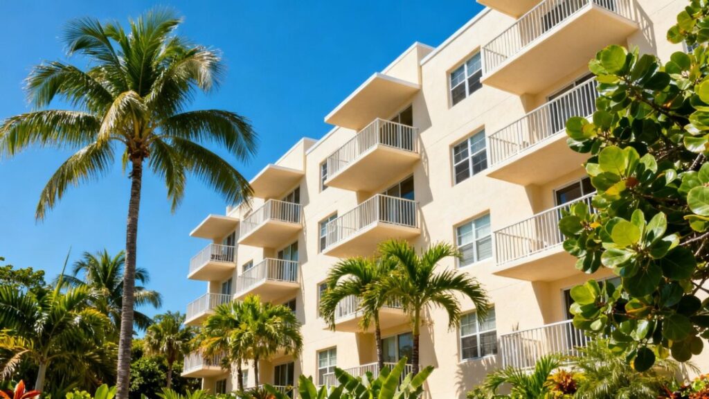 Miami Beach apartment building with palm trees.