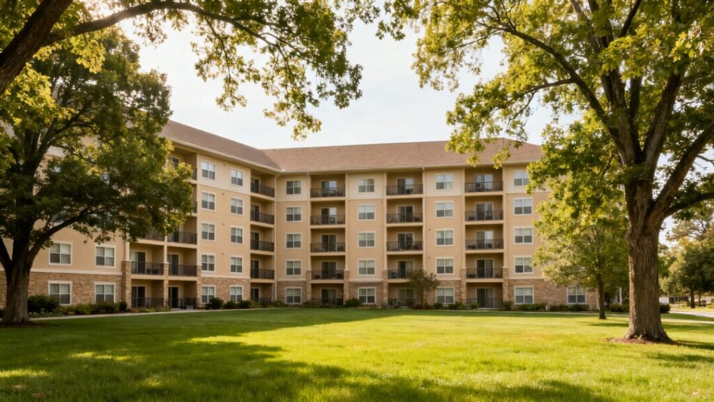 Senior living community building with landscaping