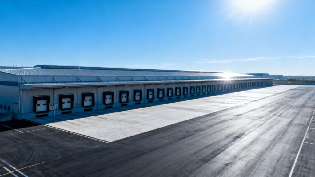 Tampa warehouse exterior with loading docks and blue sky.