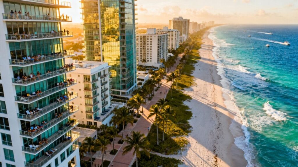 Miami Beach apartment buildings by the ocean.