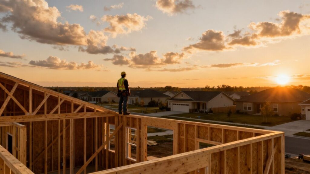 Construction worker surveys neighborhood at sunset.