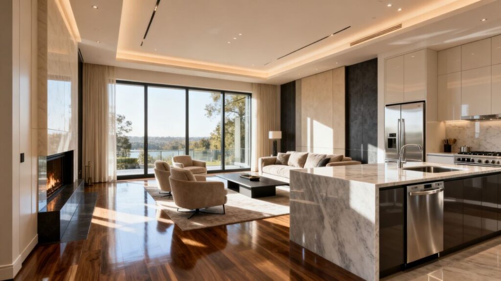 Luxurious home interior with open-concept living and modern kitchen.