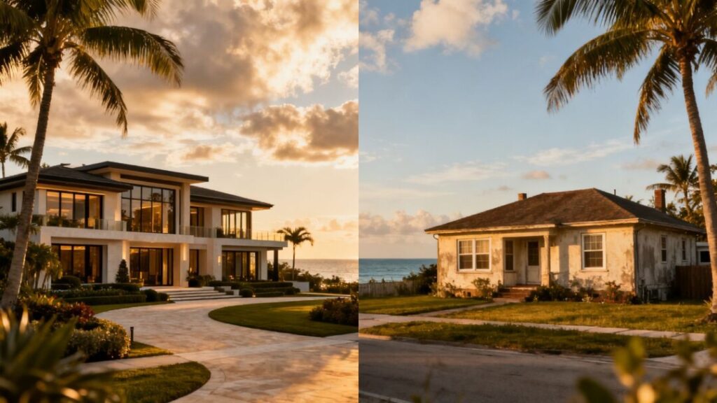 South Florida homes divided, luxury versus modest, with palm trees.