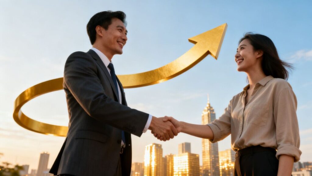 Real estate agent and client shaking hands, symbolizing growth.