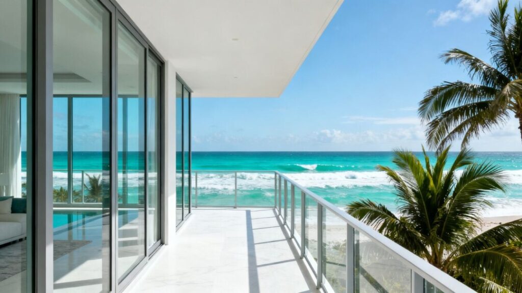 Surfside oceanfront residence with modern architecture and ocean view.