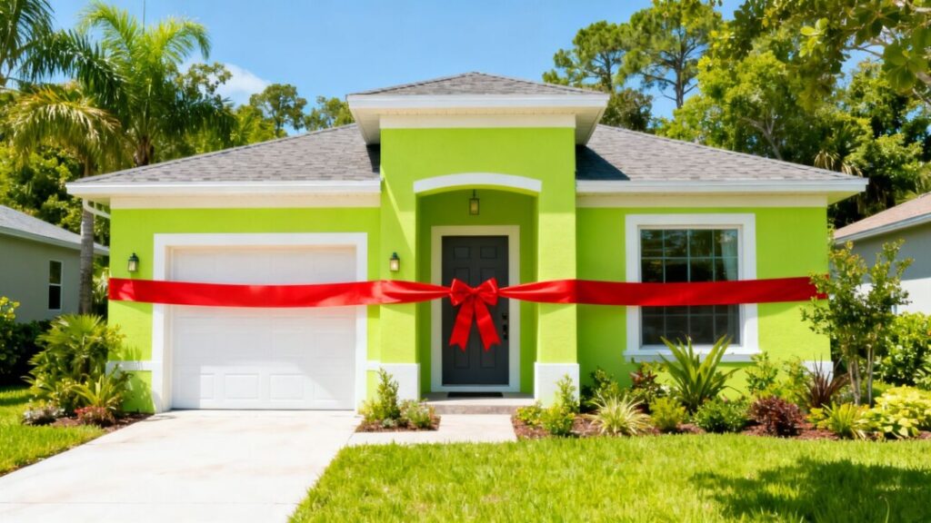 New house with red ribbon on the door.